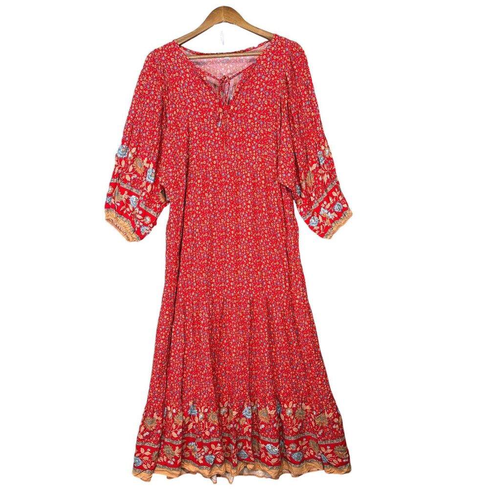 Floral Tiered Prarie Maxi Dress Women’s Size XL Red Peasant Balloon Sleeve Boho